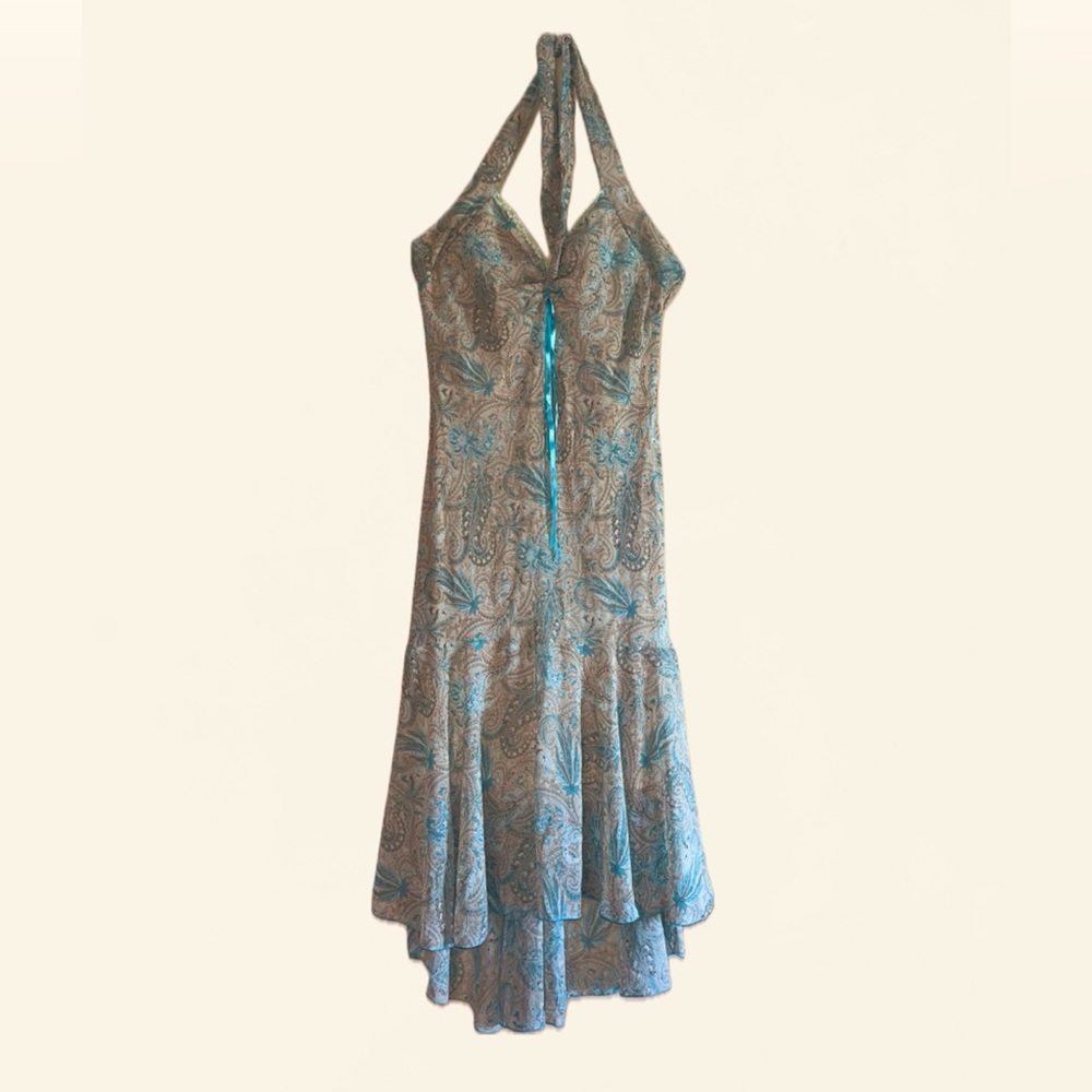 Baby blue, cream, and tan dress, halter top that ties at the neck, elastic back